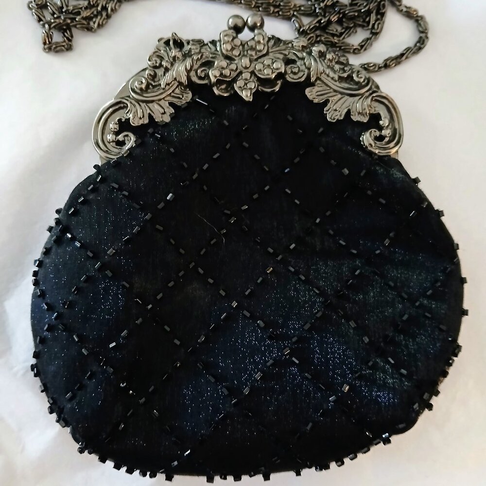 Jessica McClintock Black Beaded Bag with Silver Gunmetal Fleur de Lis Trim